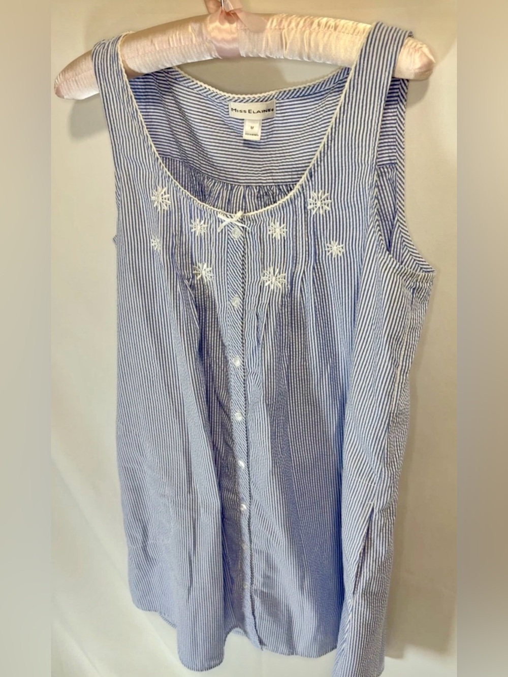 Miss Elaine Women's Retro Pinstripe Embroidered Peplum Nightgown Blue White Med